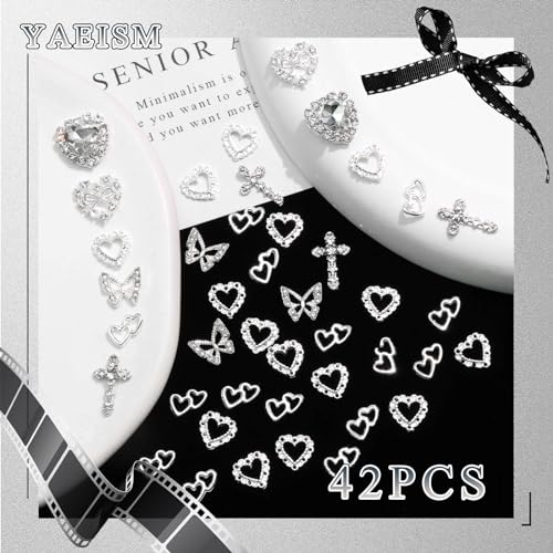 42PCS Silver Nail Charms Crystal Heart Nail Charms 3D Alloy Cross Nail Charms Metal Butterfly Charms Nail Gems Rhinestones for Women Nail Art and DIY Crafts, Small