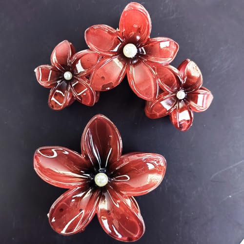 Wine Red Flower claw clips women girls,fancy hawaii flower hair clips,artificial pearls daisy decorative plumeria hair clips for thick or thin hair, Large Medium 2pc beach coquette hair accessories