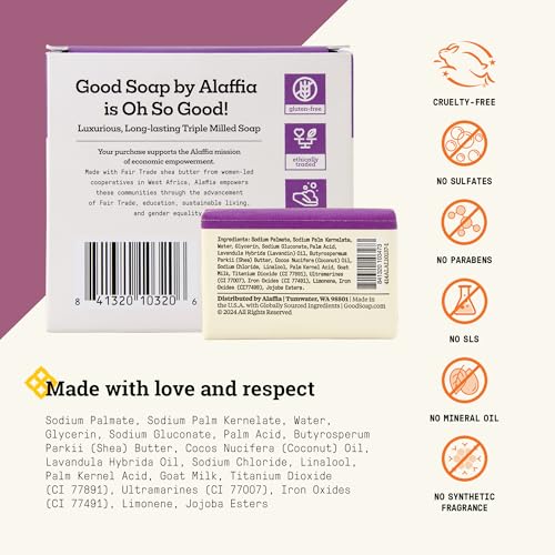 Alaffia Good Soap Lavender 2-Pack (8 Bars) ? Long-Lasting, Triple-Milled with Fair Trade Shea Butter