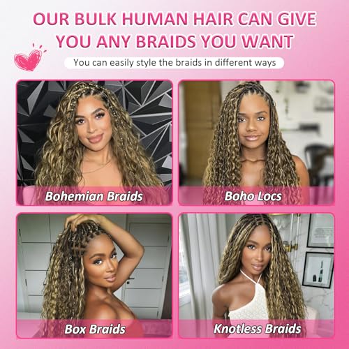 4/27# Human Braiding Hair for Boho Braids 100g Color 4/27# Bulk Deep Wave Human Hair for Braiding Ombre Blonde Brown Highlight 100% Brazilian Human Hair 22inch for Boho Braids 12A