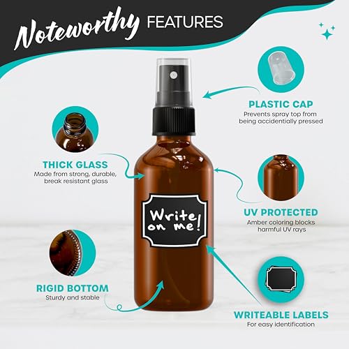Nevlers 4 Oz Amber Spray Bottles 24 Pack | 118 mL Amber Glass Bottle Sprayer Set w/Funnel, Brush, Labels & Marker | Mist Bottle For Use as Travel Liquid Bottles for Fragrances, Essential Oils & More