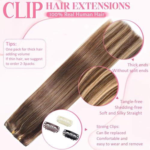 Clip in Hair Extensions Real Human Hair 4.3oz/120g Clip ins 100% Human Hair Extension for Women 8pcs Per Set with 18 Clips Double Weft (24 Inch #4/27 Chocolate Brown to Honey Blonde)