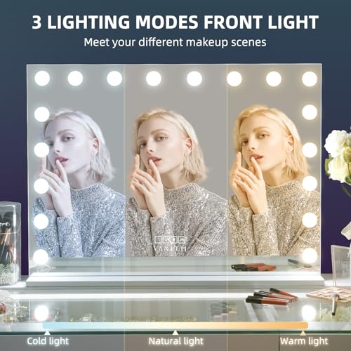 VANITII Hollywood Vanity Mirror with RGB Lights Tempered Glass Light Up Makeup Mirror with 18 Dimmable LED Bulbs 3 Color Lighting Modes Smart Touch 10X Magnification for Bedroom