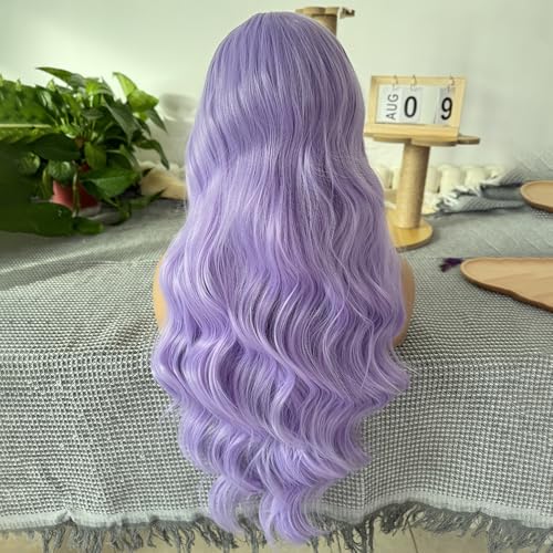 RONGDUOYI Lavender Body Wave Lace Front Wig Synthetic Hair For Women Ready To Wear Glueless Light Purple Wig Heat Resistnt Natural Hairline Long Hair Cosplay 24Inches