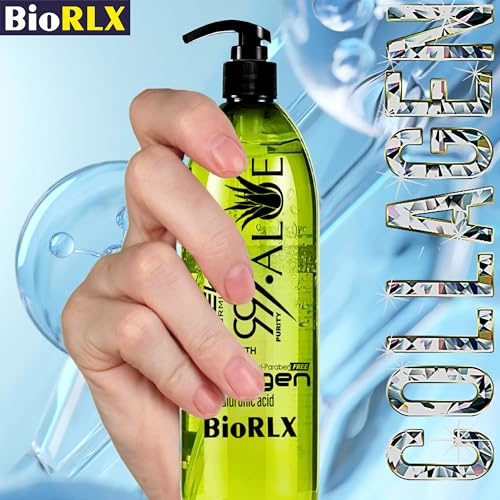 BioRLX 99% Aloe Vera Gel with Collagen and Hyaluronic Acid 250 Ml 8.5 Fl Oz - For Face Body, Hair & Scalp, After Sun Relief, Natural, Soothing, Hydrating