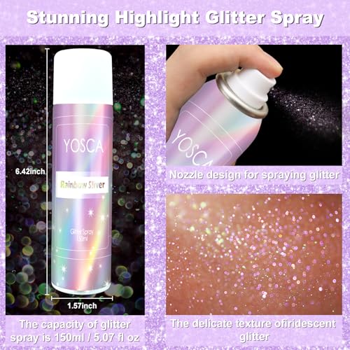 YOSCA Body Glitter Spray, 150ML Holographic Glitter Hairspray, Shiny Glitter Spray for Hair Body Clothes, Quick-Drying and Long-Lasting Shimmer Powder for Festival Music Concert Party Rave Accessories