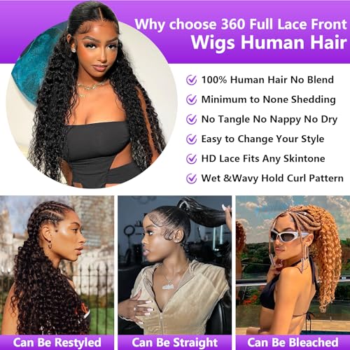 360 Deep Wave Lace Front Wigs Human Hair 200% Density 360 HD Lace Front Wigs Deep Wave Pre Plucked With Baby Hair Curly Full Lace Wig with Adjustable Straps for Women (32 Inch)