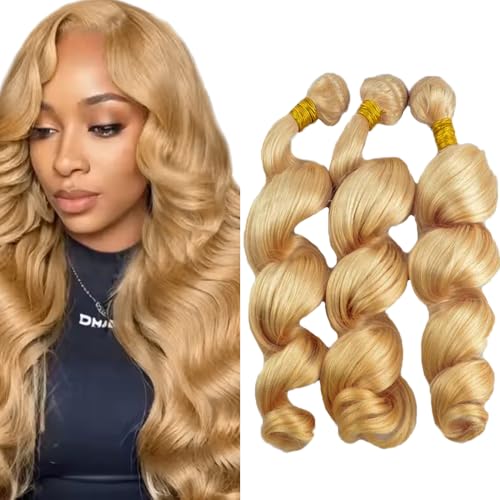 #27 Blonde Bundles Human Hair Loose Wave Bundles 12 12 12 Inch Unprocessed Brazilian Virgin Remy Hair 3 Bundle Honey Blonde Loose Deep Wave Human Hair Extensions 50 Gram Per Bundle