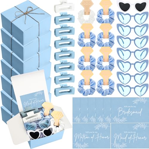 Geiserailie 40 Pcs 8 Set Bridesmaid Proposal Gifts Will You Be My Bridesmaid 4.1in Square Hair Claws Heart Sunglasses(Blue)