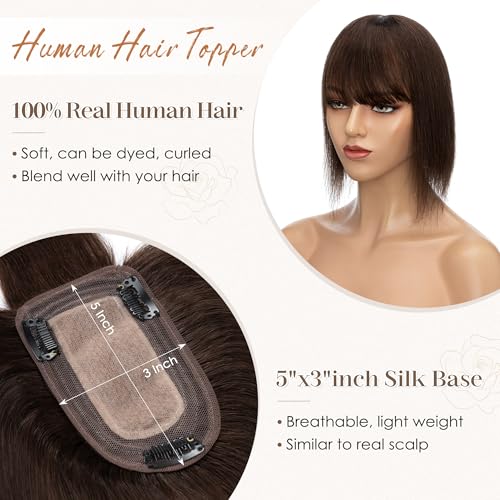 S-noilite Human Hair Toppers for Women with Bangs 100% Real Human Hairpiece 5"x3" Clip in Silk Base Topper Piece Cover Thinning Fine Hair 6 inch Chocolate Brown