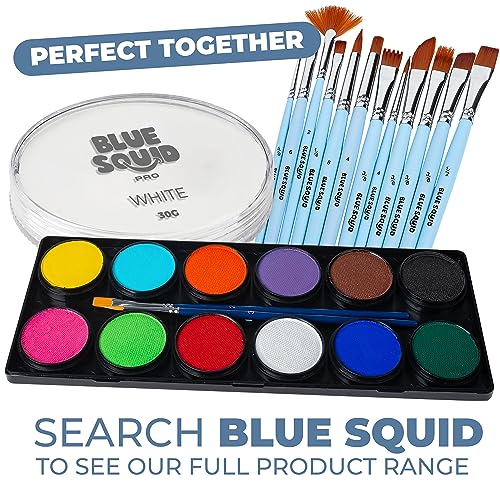 Blue Squid Face Paint Water Based Single Cake Professional Face Paint & Body Paint - Water Activated, Kids Adults Face Painting for Costume, Halloween Makeup, Cosplay - Classic White Face Paint 30g