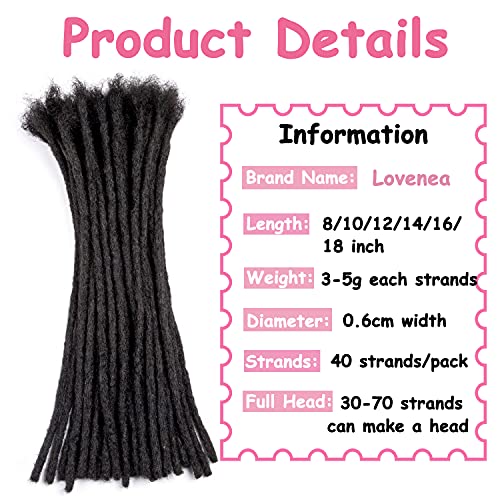 Dreadlocks Extensions 100% Remy Human Hair 12 Inch 40 Strands 0.6 cm Width Permanent Full Handmade Locs Natutal Black Color Can be Dyed and Bleached (12 Inch, 40 Strands)