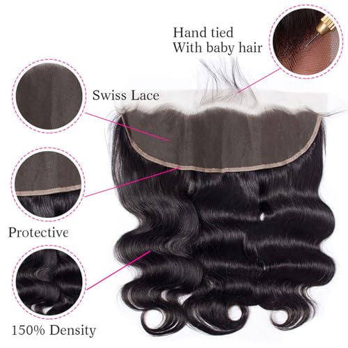 12A Body Wave Bundles with Frontal Human Hair 16 18 20+14 Inch Brazilian Virgin Body Wave Human Hair Weave 3 Bundles with 13x4 HD Lace Frontal Closure
