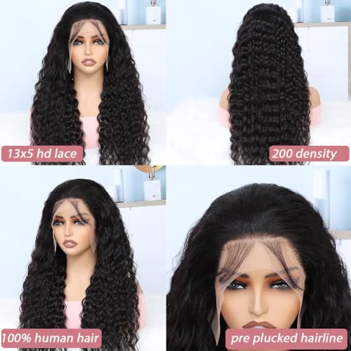 Keshon Deep Wave Frontal Wigs Human Hair 200% Density 13x5 Deep Wave Lace Front Wigs Human Hair HD Transparent Lace Frontal Wig Pre Plucked with Baby Hair Natural Color 24 inch