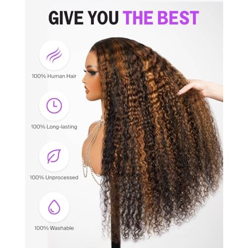 Glueless Curly Human Hair Wig Highlight Deep Wave Lace Front Wigs Human Hair Pre Plucked Pre Cut 6x5 HD Closure Wear and Go Glueless Wig Pre Bleached Knots 20 Inch 1BP30