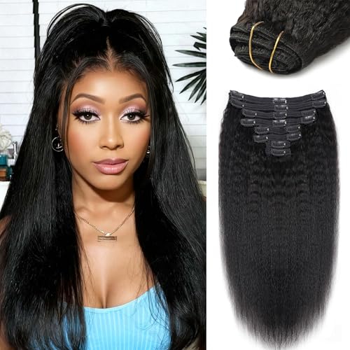 22 Inch 12A Clip In Hair Extensions Real Human Hair 100g 7pcs Yaki Straight Clip ins Human Hair Extensions for women 100% Unprocessed Brazilian Virgin Hair clip ins Natural Black Hair