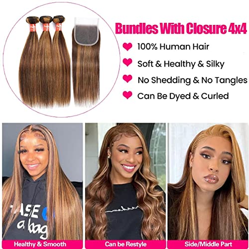 Haha P4/27 Honey Blonde Highlight Human Hair Bundles With Lace Closure 4x4 Brown Blonde Ombre Straight Bundles With Closure Colored Brazilian Raw Human Hair Weave Sew In Extensions 18 20 22+16 Inch