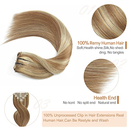 Hair Extensions Clip in Human Hair Chestnut Brown Mixed Blonde Natural Hair 8pcs 120g Remy Human Hair Extensions Clip in Thick Hair Extensions for Woman(6/613,24inch)