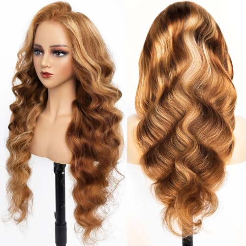 Glueless 24 Inch Honey Blonde Wig Human Hair 13X6 Highlight Lace Front Wig Human Hair Ombre Lace Front Wig Human Hair Glueless Wigs Pre Plucked Pre Cut Wear And Go Not Fall Out No Knots