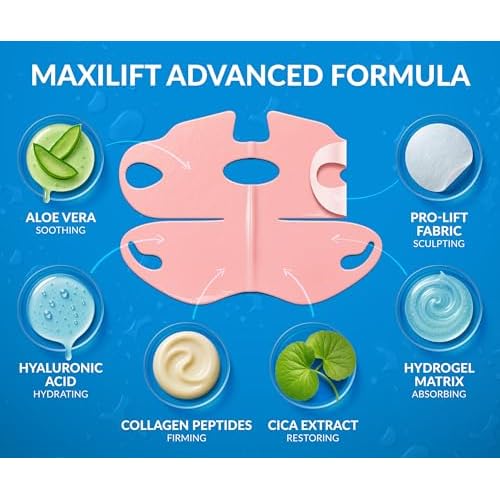 Stylia MaxiLift V-Line Lifting Collagen Face Mask - Advanced Double Chin Reducer - Jawline Shaper - Neck Firming and Tightening Mask with Hyaluronic Acid & Aloe Vera - Chin Strap for Sleeping (10PC)
