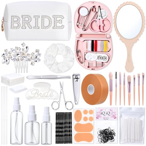 Emergency Kit for Wedding Women 49 Bridal Emergency Kit for Wedding Day, Essentials Survival Set for Team Bride, Travel Items with Makeup Bag for Brides Daily (White)