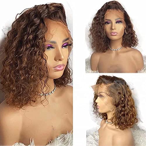Ombre Brown Curly Brazilian Remy Human Hair Glueless 13¡¿6 HD Lace Front #4/30 Colored Preplucked Deep Part Closure Lace with Baby Hair for Black Women 150% Density 8 Inch
