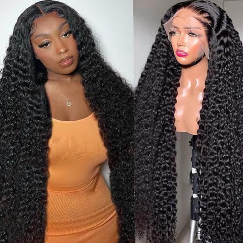 QinMei 13x6 Lace Front Wigs Human Hair Deep Curly Lace Frontal Wigs Human Hair for Black Women Wet and Wavy Glueless Wigs Human Hair Pre Plucked with Baby Hair Natural Color 28 Inch