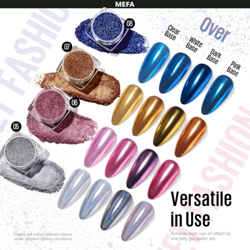 MEFA Chrome Powder for Nails 4 pcs, Mirror Effect Nail Powder Holographic Aurora Iridescent Pearlescent Manicure Nail Art Decoration Glitter Metallic Gold Pink Blue Grey Chrome Nail Powder Kit