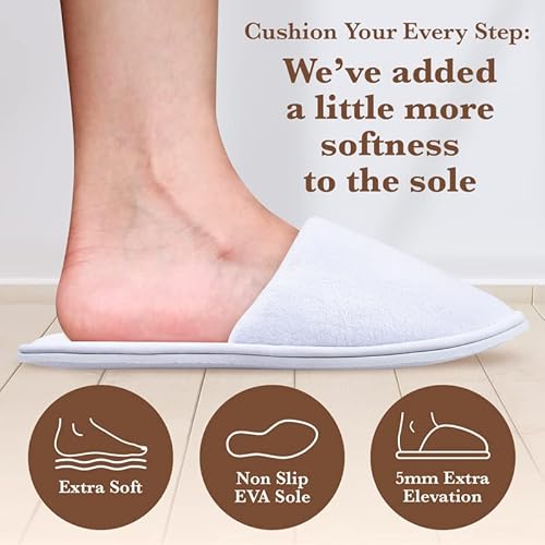 Spa Slippers, Disposable Slippers for Guests Bulk of 6 Pairs - Non-Slip Closed-Toe Premium White Spa Slippers Bulk with Travel Bags - Coral Fleece Hotel Slippers for Women and Men (6 Pair Medium)