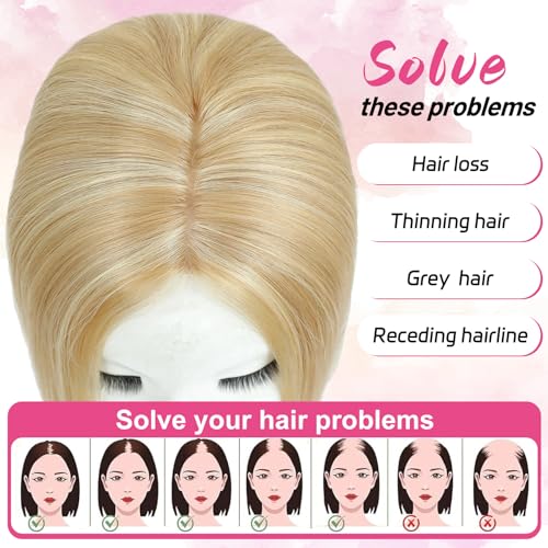 Hair Toppers for Women Real Human Hair 14 Inch No Bangs 65 Gram 100% Real Human Hair Toppers for Women with Thinning Hair 5x5 Hand-Tied Breathable Swiss Lace Base Blonde 3 Clips in Hair pieces,#18/613