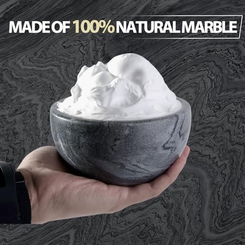 Koville Marble Shaving Soap Bowl 5'' Gray Handmade Shaving Cream Bowl, Marble Bowls For Shaving Foam, Shave Soap Bowl, Shaving Kit Bowl, Shaving Cup Gift for Men with 2 pack Shaving Brush