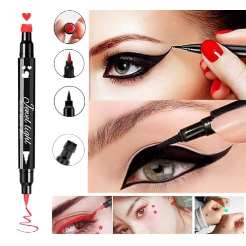 Go Ho 2 PCS Waterproof Liquid Eyeliner Stamps,Double-side Black&Red Smudge-proof Eye Liner,Heart Stamp Eyeliner for Halloween Costumes Makeup,Long-lasting Love Tattoo Tools for Valentines Day