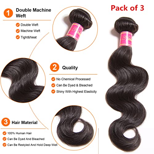 Nadula Hair 12A Brazilian Body Wave Virgin Human Hair 3 Bundles 14 16 18, 100% Unprocessed Brazilian Wavy Human Hair Weave Extensions for Black Women Natural Color