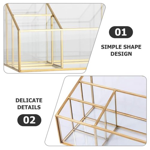 Alipis Glass Makeup Organizer with Gold Trim, Multi-Functional Cosmetic Storage Case for Vanity, Lipstick, Jewelry, Makeup Brush, Eyeliner Holder, 7.67 X 5.70 X 5.11 Inches