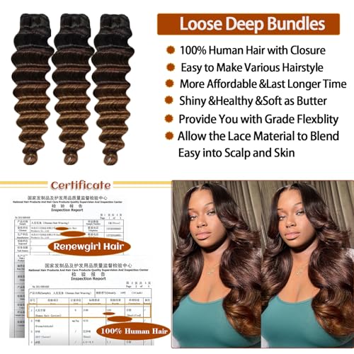 Human Hair Bundles with Closure Quick Weave TB/2/30 Highlight Ombre Loose Deep Wave Human Hair Bundles with 4x4 HD Closure 20 22 24+20free Loose Wave Hair 3 Tone Black to Blonde Extensins