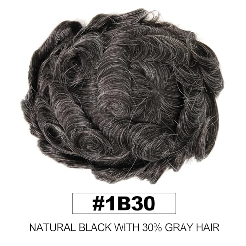 Mens Swiss Lace Toupee, #1B30 Natural Black with 30% Gray Hair 7x9 Inch Size Single-Knotted Invisible Hairline Remy Human Hair Piece