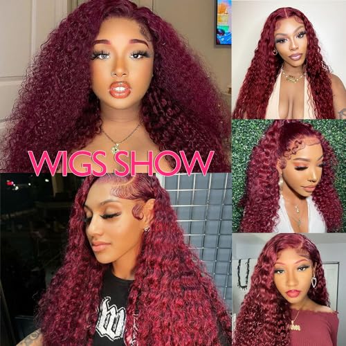 250% Density 99J Burgundy 13x6 Deep Wave HD Lace Front Wigs Human Hair for Women Glueless Burgundy Deep Curly Lace Frontal Wigs Brazilian Virgin Human Hair Wigs Pre Plucked with Baby Hair(#99j,22Inch)
