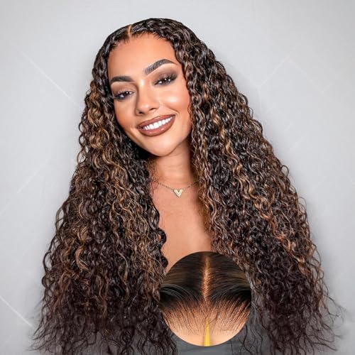 BLY Highlight Wear and Go Glueless Wig Water Wave Human Hair Wigs for Women 24 Inch 5x7 HD Lace Pre Cut Pre Plucked 2/30 Ombre Brown Colored Deep Wave Lace Front Wig 180% Density