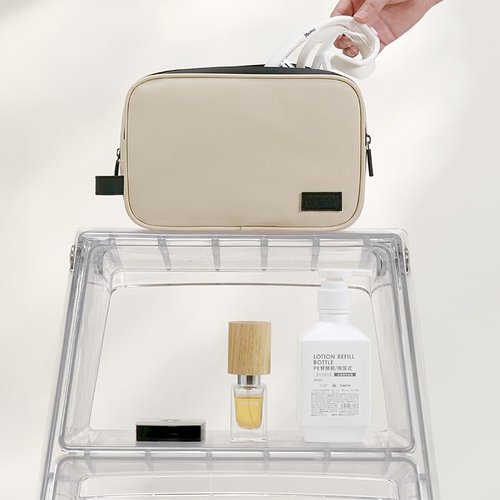 Portable Waterproof Leatherette Toiletry Bag - Double-Layer Large Capacity Organizer for Travel & Makeup, Multifunctional Toiletries Storage with Handle (Beige)
