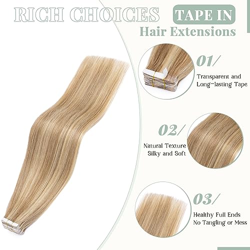 Rich Choices Tape in Hair Extensions Human Hair, 40pcs 100g 100% Remy Tape Hair Extensions Real Human Hair,Seamless Tape in Hair Extension 22 Inch #12P613 Golden Brown Highlighted Bleach Blonde
