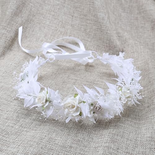 White Flower Girl crown Brides Baby's Breath Headpiece Floral Hair Wreath Hair Accessories Headband for Child(43cm)