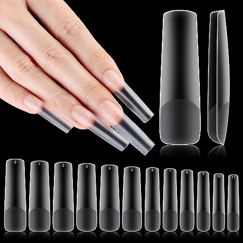 Flattened No C Curve, XXL Square Nail Tips, Full Matte Clear Half Cover Tapered Square Straight Flat Tips for Acrylic Nails Salons Home DIY Extensions(12 Sizes 240PCS)