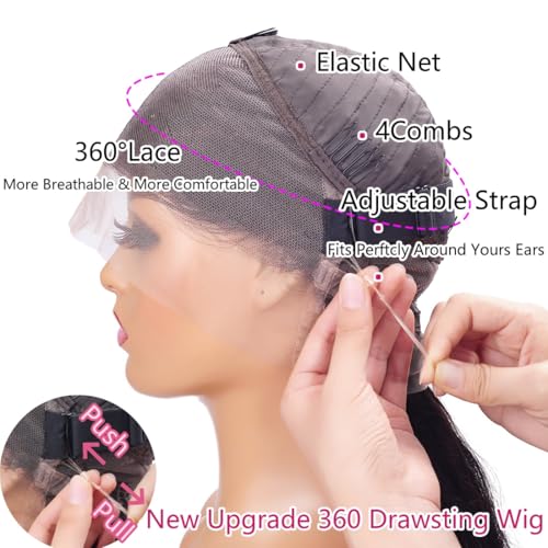 Body Wave 360 Lace Front Wigs Human Hair Pre Plucked Hidden Strap 20Inch 220% Density Drawstring Wig 360 HD Full Lace Human Hair Glueless Wigs for Black Women