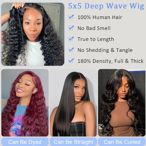 30Inch Glueless Wigs Human Hair Pre Cut 5x5 Deep Wave Lace Closure Wigs 180% Density Wear and Go Curly Wig for Black Women Natural Black Color Small Head Friendly