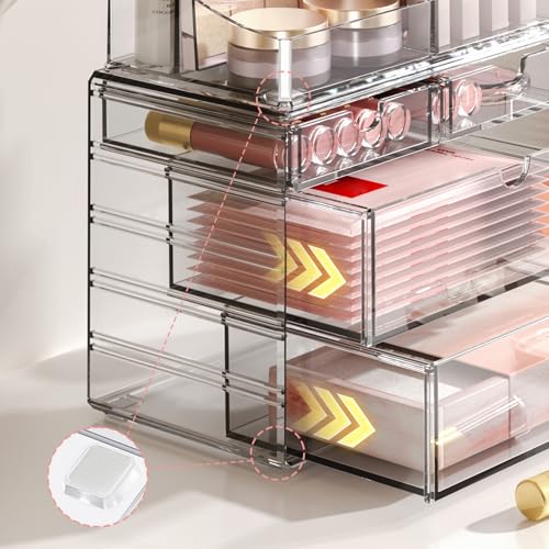 Delamu 4-Tier Clear Makeup Organizer with Drawer, Stackable Acrylic Cosmetic Storage for Bathroom Vanity, Dresser Countertop, Make Up and Jewelry Storage, Beauty Holder for Lipstick Brush Skincare