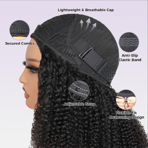 20 inch Curly Half Wig Human Hair for Black Women,Kinky Curly Half Wigs Human Hair,Seamless Flip Over All Hairstyles In One Headband Wig with Drawstring,Wear and Go Wigs for Black Women 200% Density