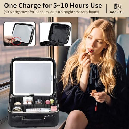Travel Makeup Bag with LED Mirror 3 Color Modes,10.2-in Black Vegan Leather Makeup Organizer Bag with Adjustable EVA Dividers and Independent Brush Panel