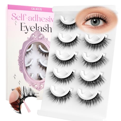 CALAILIS Self Adhesive Eyelashes 5 Pairs Natural Look Press On Lashes No Glue Need Eyelashes Reusable Cat Eye Wispy Self-adhesive False Lashes with Replacement Adhesive Strips (C122)