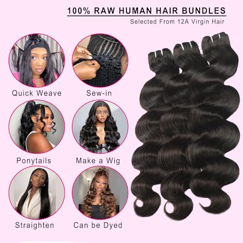 12a Human Hair Bundles 24 26 28 Inch 100% Unprocessed Brazilian Virgin Hair 3 Bundles Body Wave Real Human Hair Extensions Natural Black