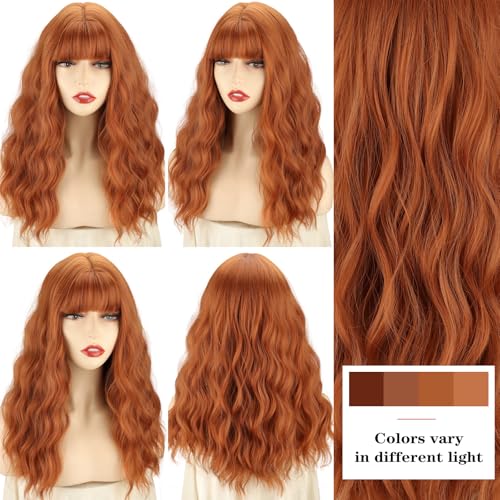 Xinran Orange Wavy Wig With Bangs Long Ginger Wavy Wigs for Women 18 Inch Medium Length Synthetic Heat Resistant Wig for Daily Cosplay Party Use